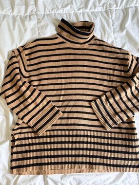 LOFT Beige and Black Striped Turtleneck Sweater